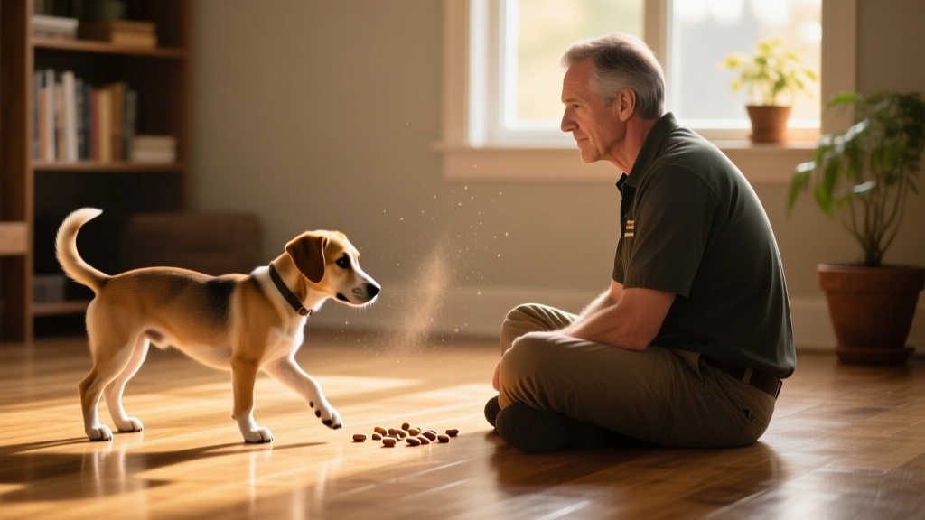 A trainer sitting quietly on the floor beside a hesitant dog, both facing the same direction, with treats placed nearby and no direct eye contact