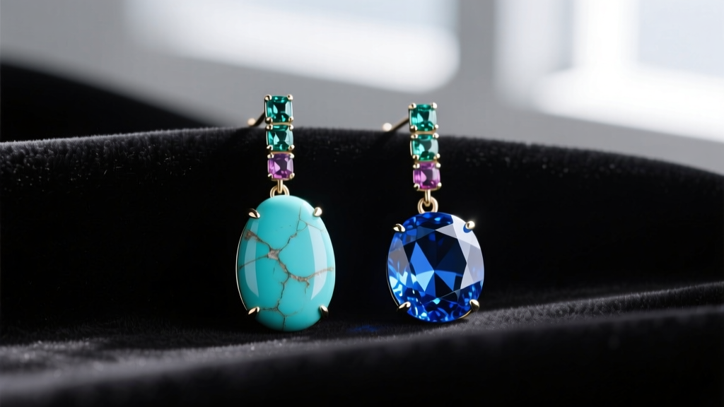 Macro shot of multi gemstone drop earrings on dark velvet, highlighting a scratched turquoise stone next to a pristine sapphire