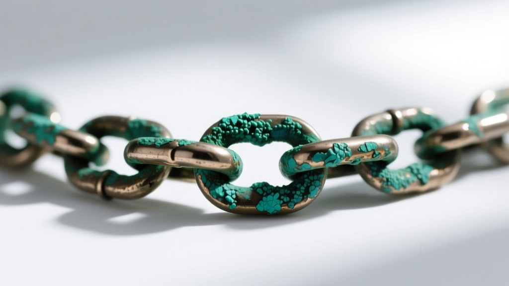 Macro shot of a tarnished zinc-alloy necklace chain showing green oxidation against a clean white laboratory background.