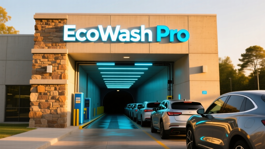 Modern express tunnel car wash exterior with bright LED signage, stacked stone facade, and vehicles lining up at automated entrance