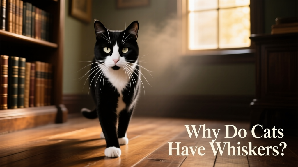 Cat walking confidently through a dimly lit room, whiskers clearly visible and forward-facing