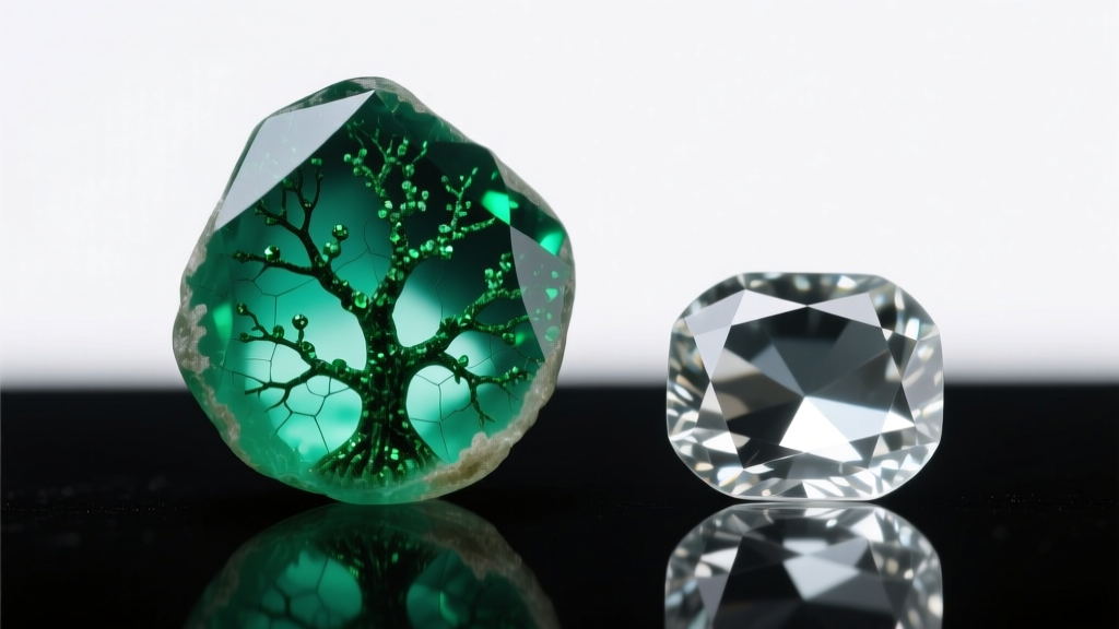 Macro shot comparing a natural emerald with visible jardin inclusions next to a flawless hydrothermal lab-grown emerald gemstone