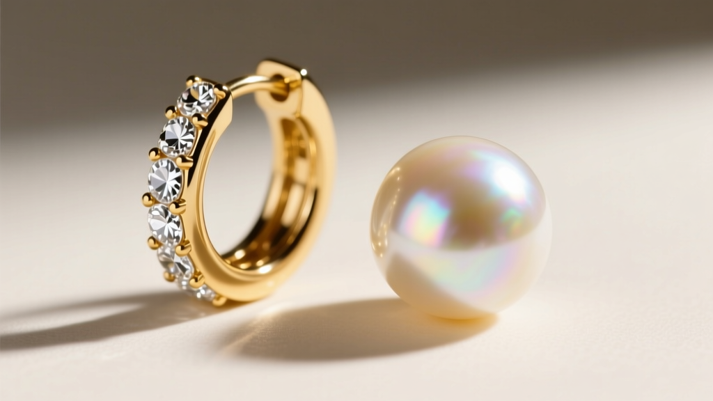 Macro photography of 18-gauge gold huggie earring with prong-set Preciosa rhinestones beside a lustrous AAA freshwater pearl