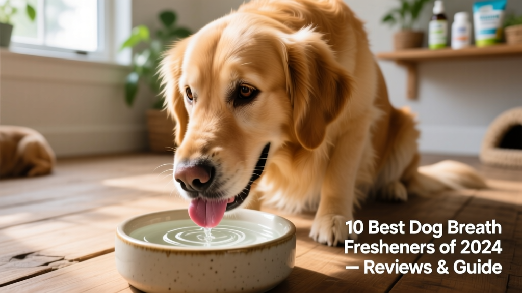 Close-up of a happy dog drinking from a water bowl with a clear liquid additive visible in the water