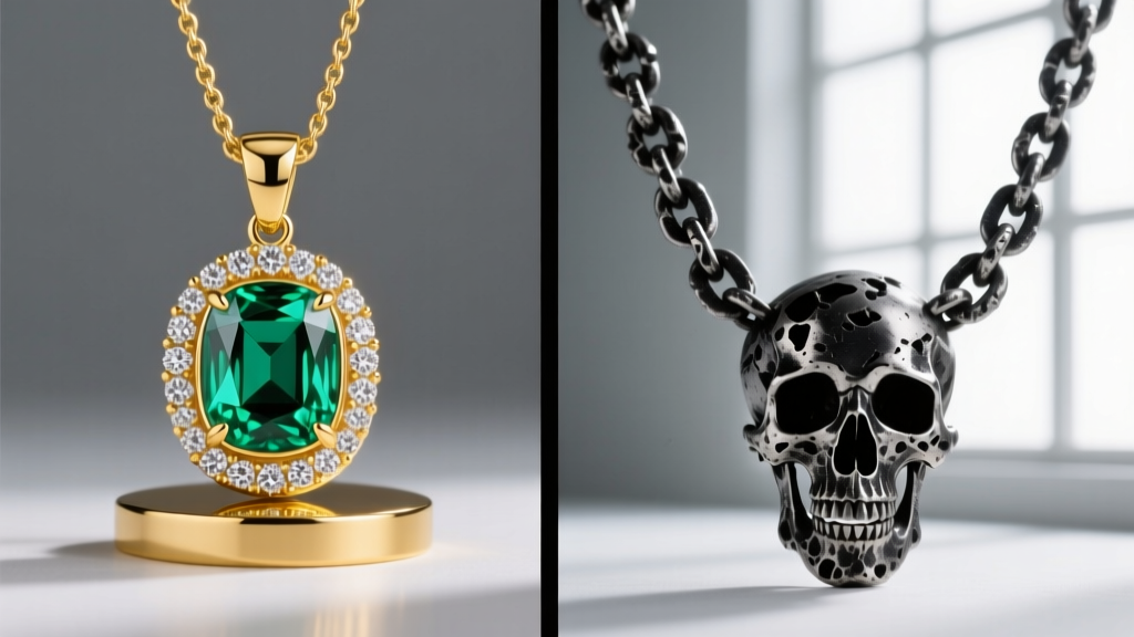 Split-screen shot contrasting a flamboyant 18k gold gemstone pendant with a heavy, oxidized sterling silver skull chain necklace