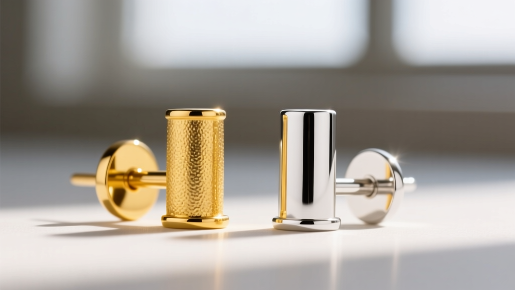 Macro shot of a 14k yellow gold earring post beside a white gold post, showing distinct color and texture differences.