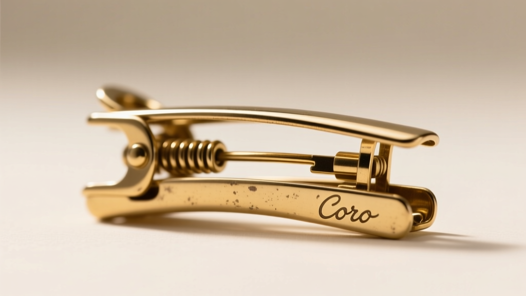Close-up of a vintage Coro Duette dress clip back, showing the patented mechanism and faint script hallmark on the base metal.