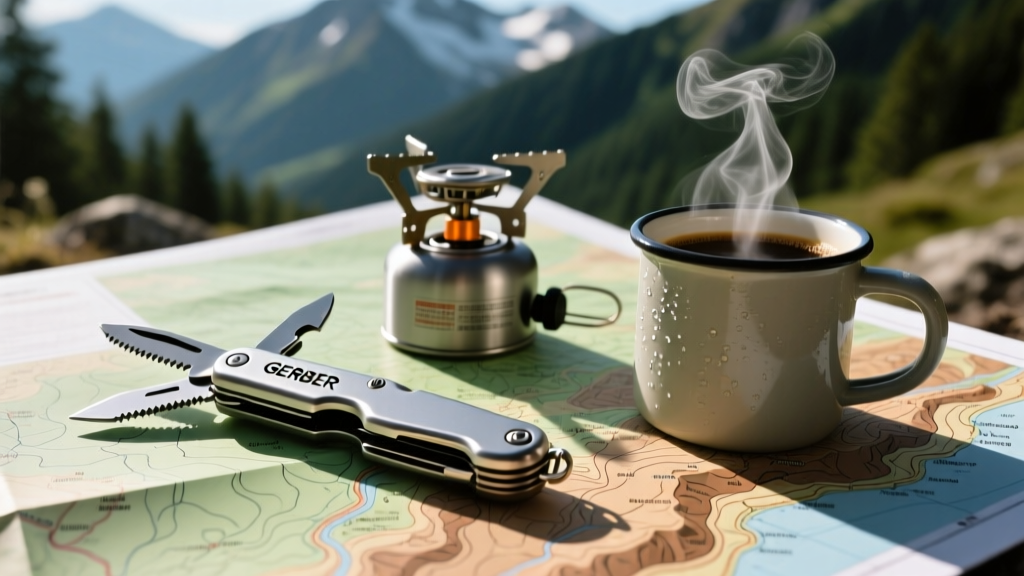 Close-up of a Gerber multi-tool and a compact camping stove resting on a topographic map next to a steaming mug of coffee.