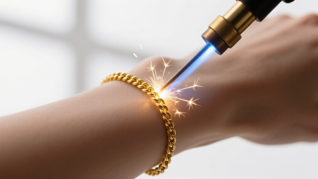 Close-up of a delicate 14k yellow gold micro-cable chain being micro-welded on a wrist, showing a tiny spark and argon gas tube.