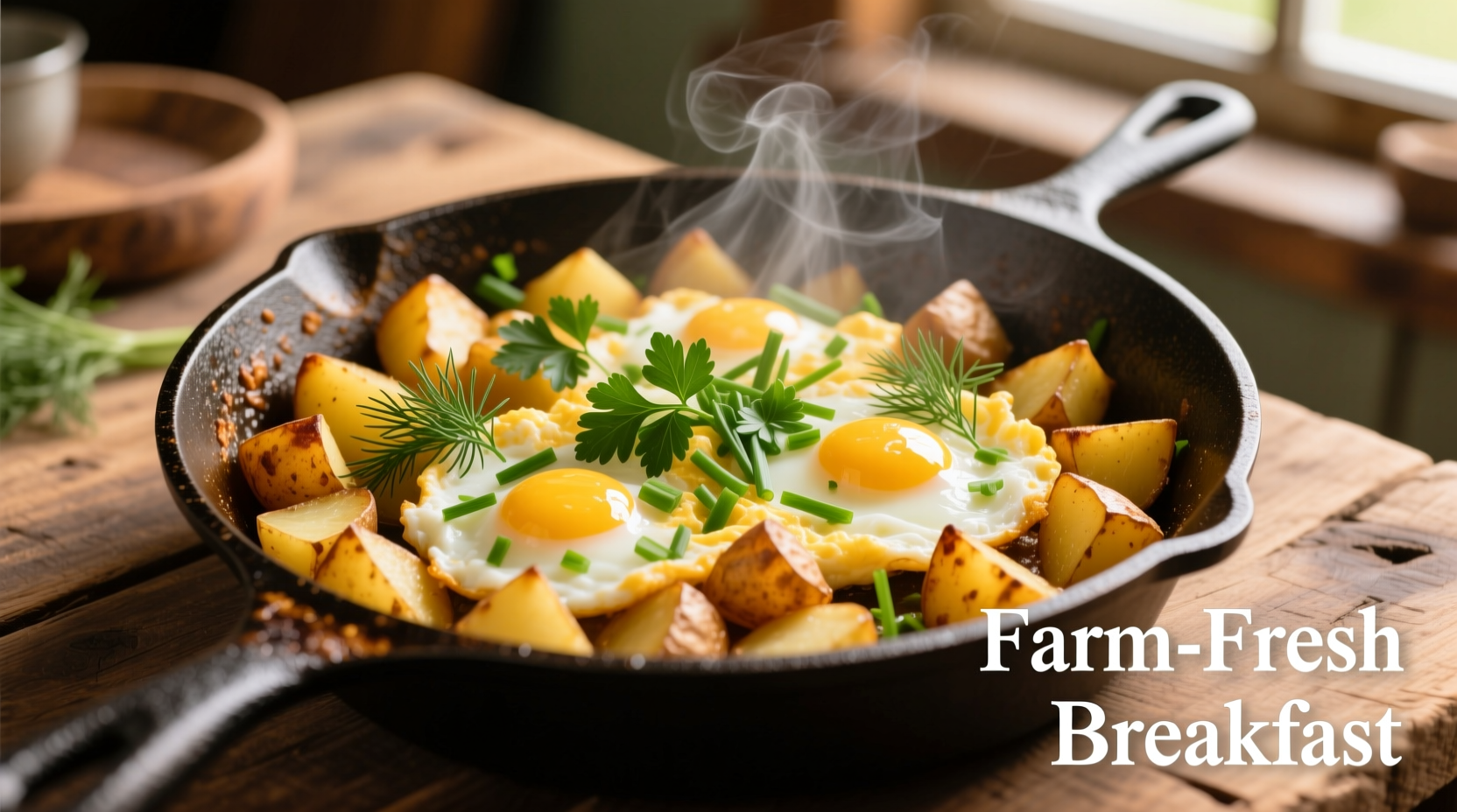 Golden potato egg skillet with fresh herbs