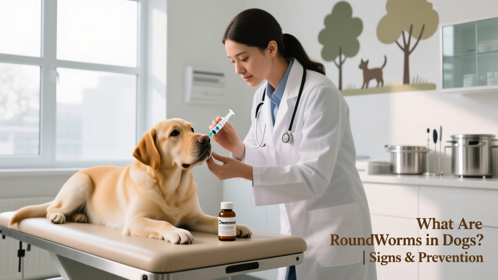 Veterinarian holding a syringe and gently administering oral dewormer to a calm dog in a clinic setting