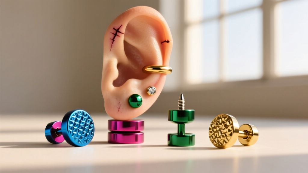 Healed ear stack featuring colorful anodized titanium clickers and threadless studs, captured in bright warm natural lighting