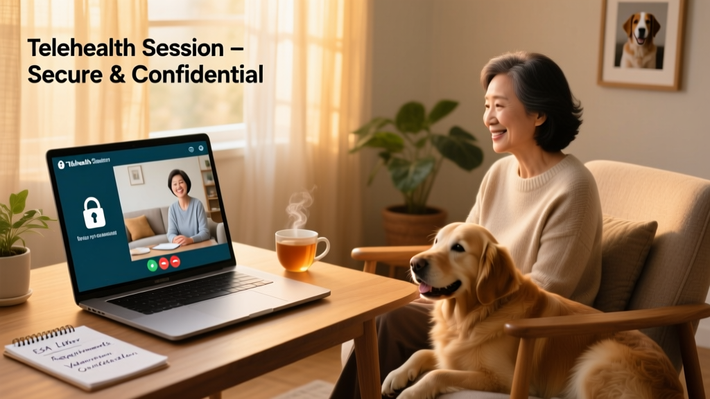A laptop screen showing a secure, professional telehealth session interface with a therapist and patient visible on video call
