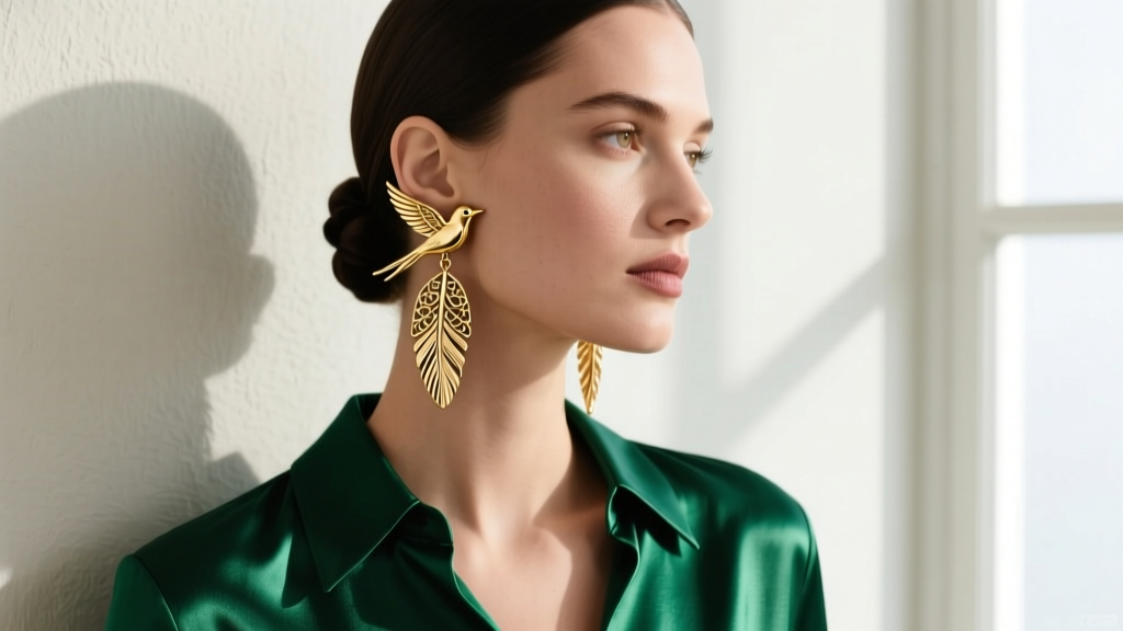 Fashion portrait of a woman wearing converted vintage Marcel Boucher gold-tone bird motif drop earrings with a sleek silk blouse.