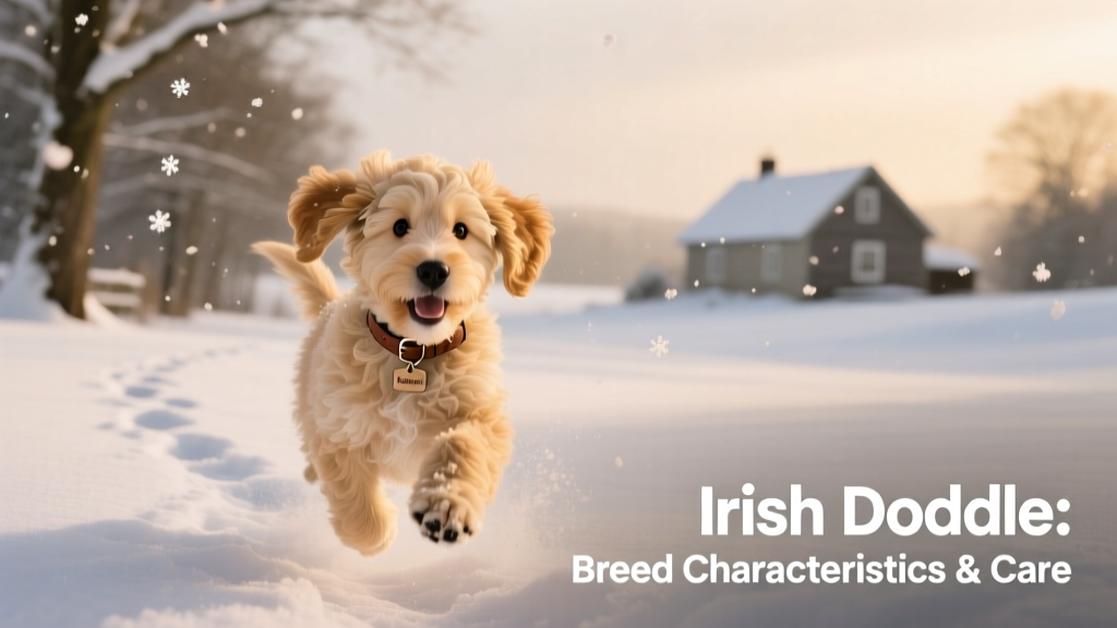 Blonde Irish doodle running playfully through snow