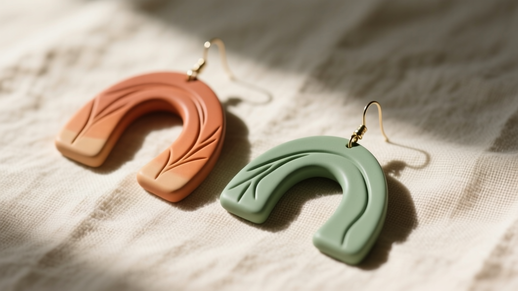 Overhead flat-lay of colorful handmade polymer clay arch earrings in terracotta and sage green, resting on a textured linen cloth.