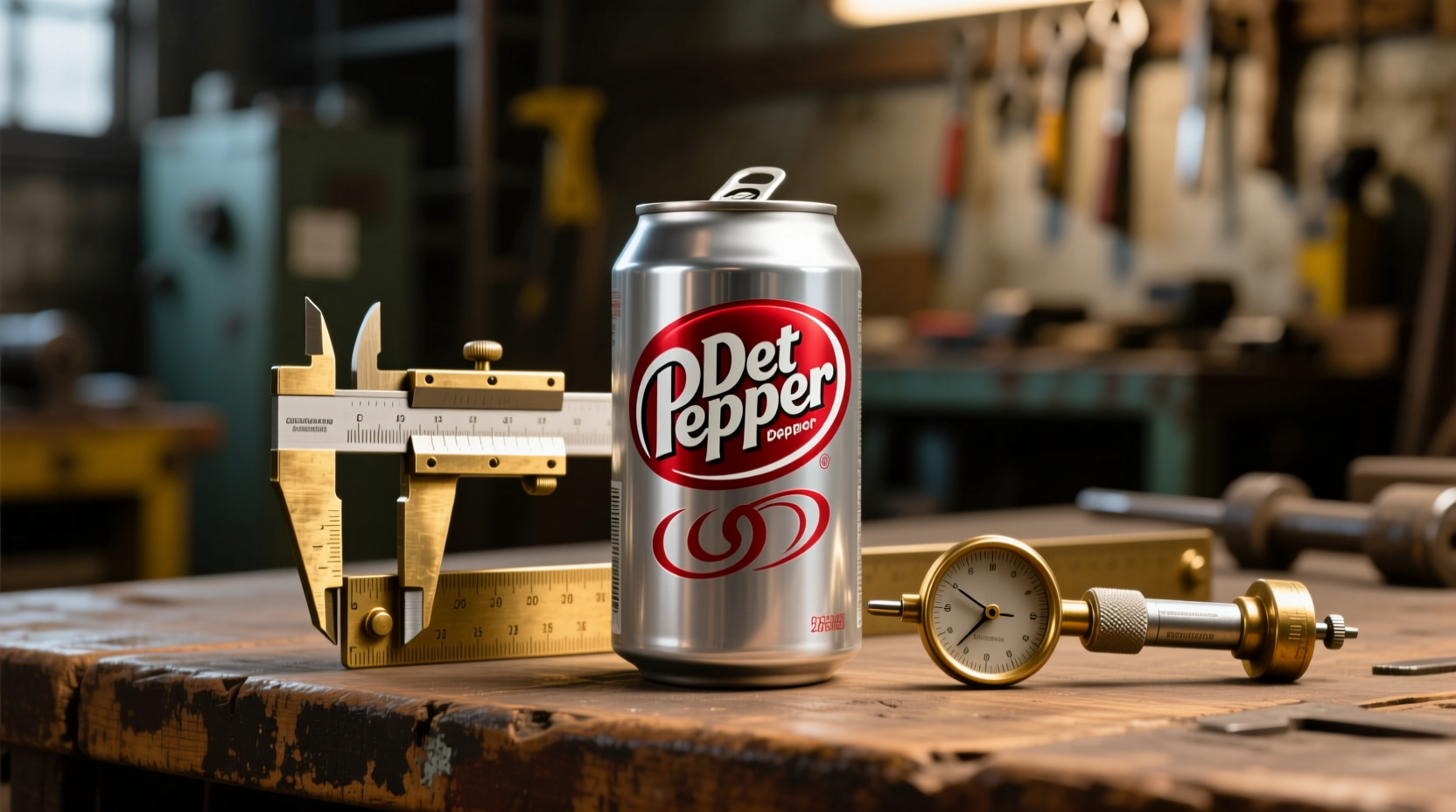 Diet Dr Pepper can next to measuring tools