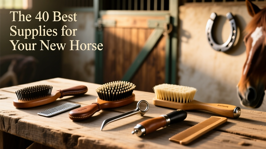 Assortment of grooming tools laid out: curry comb, dandy brush, finishing brush, face brush, hoof pick, and mane comb