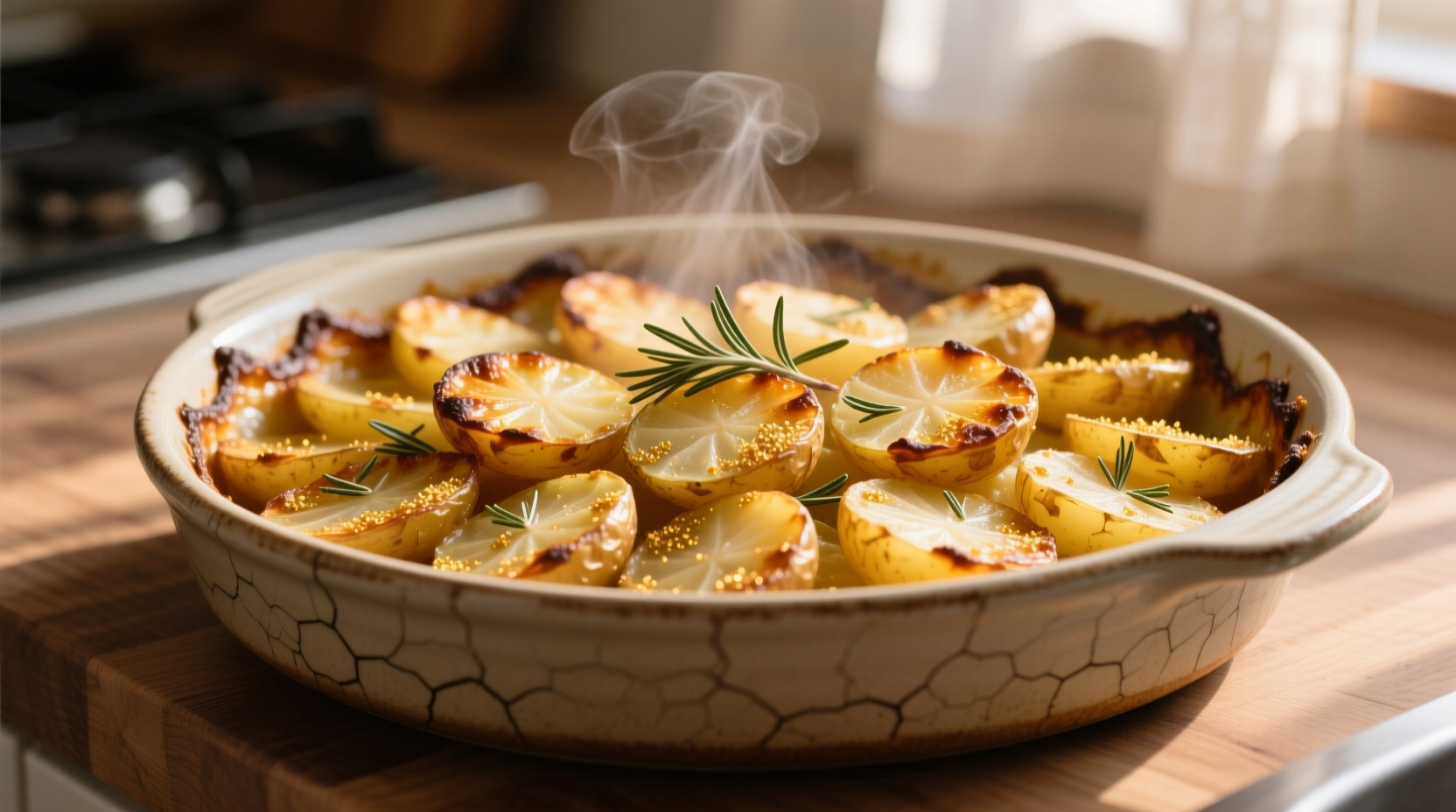 Golden scallop potatoes in ceramic baking dish