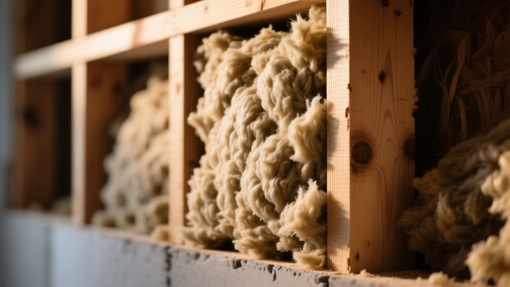 Close-up of a cross-sectioned wall cavity revealing dense mineral wool insulation nestled between wooden studs under warm work lights.
