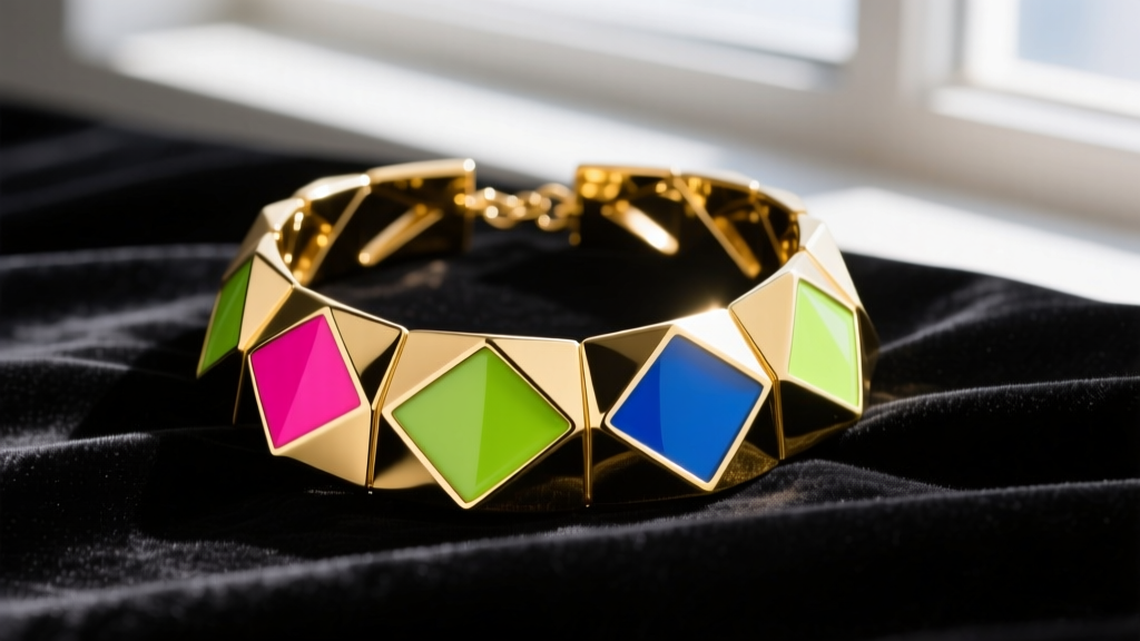 Macro shot of a chunky 1980s gold-tone geometric collar necklace with vibrant neon enamel inlays resting on dark velvet