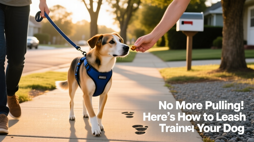 A calm dog walking attentively beside their person on a quiet sidewalk, wearing a front-clip harness and holding a treat near their nose