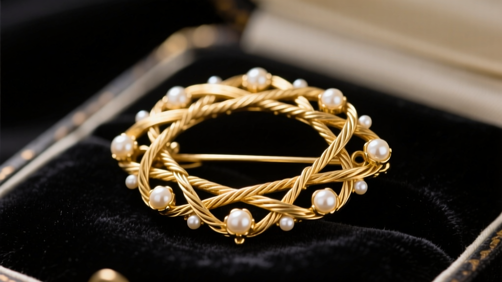 Close-up of a Victorian 15k yellow gold mourning brooch featuring woven hair and seed pearls resting on dark velvet fabric