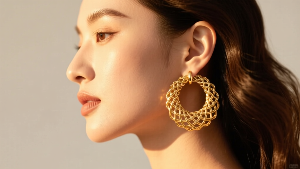 Side profile of a woman wearing woven gold mesh huggies, the textured basket weave catching warm golden hour sunlight on her ear.