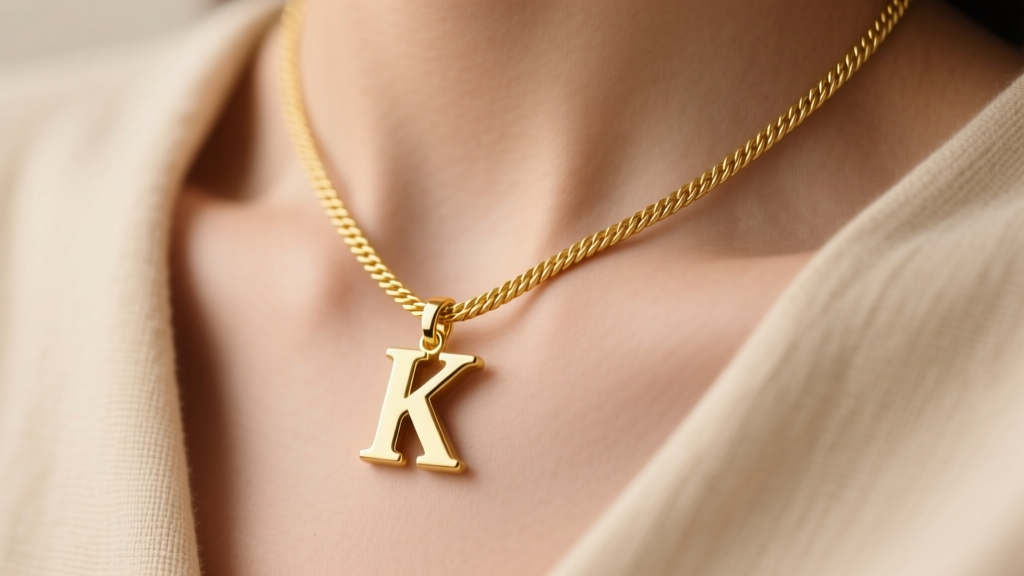 Close-up of a 14k yellow gold cable chain with a minimalist sans-serif letter K pendant resting on a beige linen collarbone.