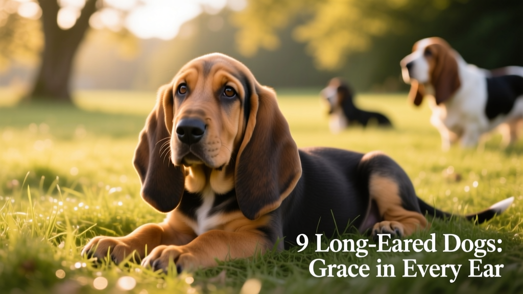 Bloodhound puppy with massive drooping ears resting calmly on grass, eyes soulful and gentle