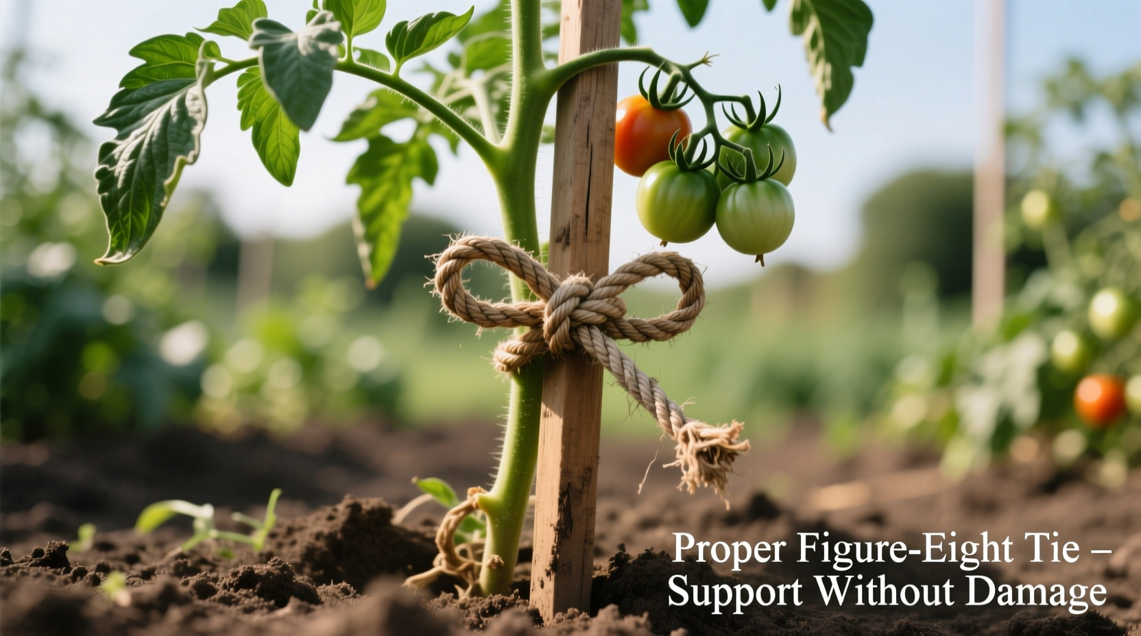 Properly staked tomato plant with figure-eight tie