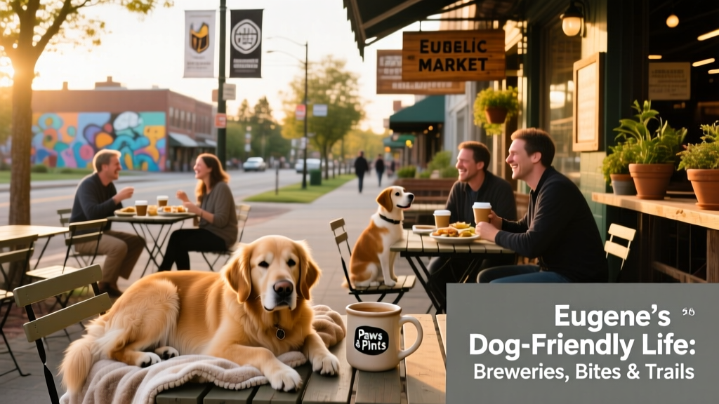 Eugene’s Public Market on 5th Street with outdoor seating and dogs relaxing at café tables