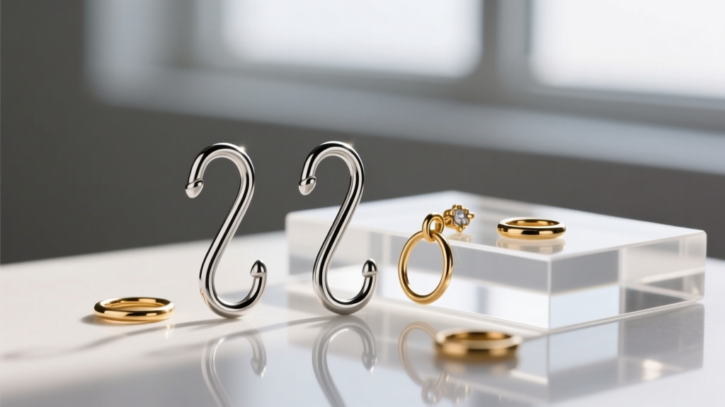 Macro shot of 20-gauge surgical steel French hooks next to acrylic blanks, showing smooth metal finish and small brass jump rings.