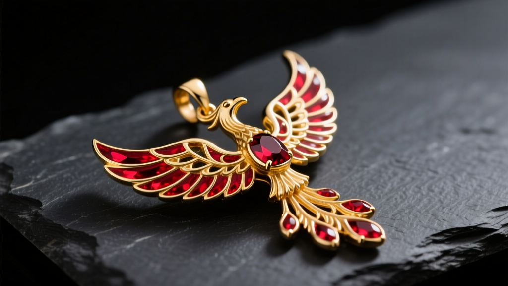 Close-up of a 14k gold phoenix pendant with deep red vitreous enamel wings, resting on dark slate with soft studio lighting