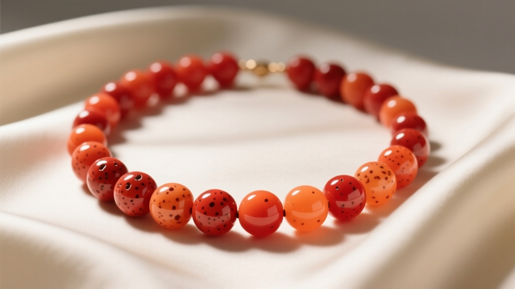 Vintage graduated red coral bead necklace on cream silk, showing natural pitting and warm orange-red hues in soft studio lighting.
