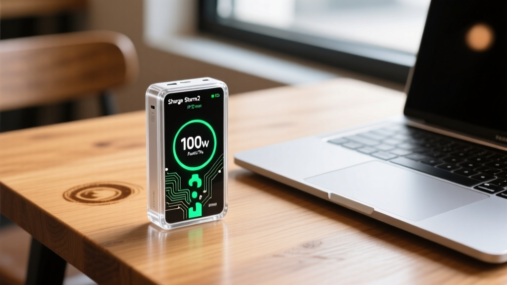 Close-up of transparent Sharge Storm2 power bank IPS screen displaying 100W fast charging metrics next to a silver laptop on a wooden cafe table