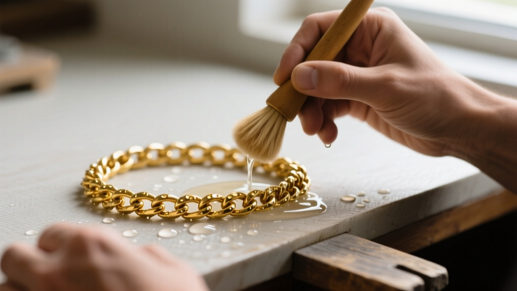 Jeweler using a soft brush and mild soap to gently clean a tarnished 18k yellow gold Brazilian figaro chain link on a workbench