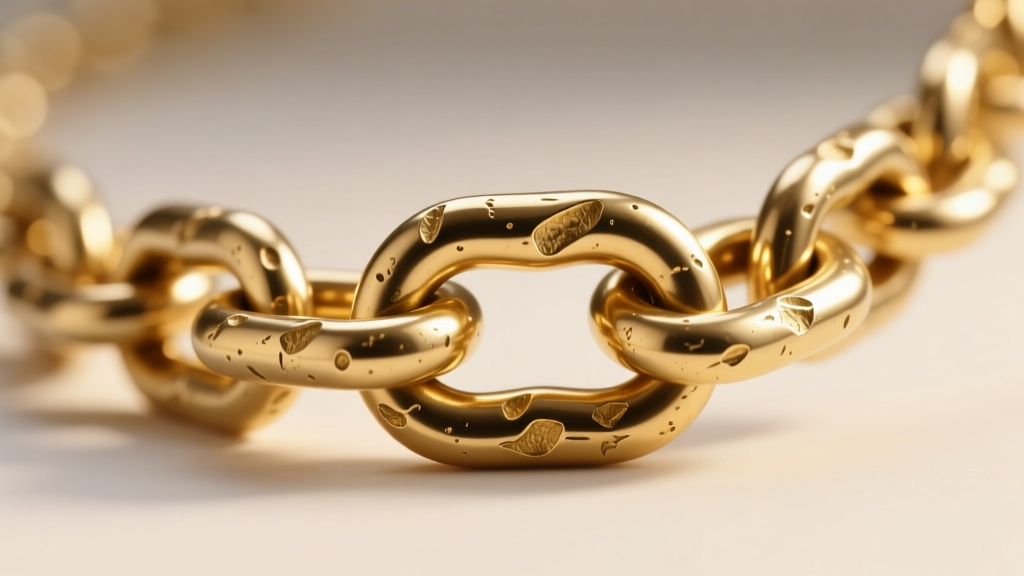 Close-up of a gold-plated brass chain link from a statement necklace showing a brushed matte finish and organic hammer marks.