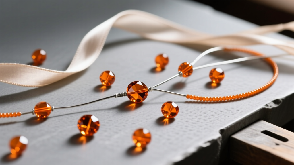 Silk thread, beading wire, and loose orange spessartine garnet beads scattered on a gray jeweler's mat under warm lighting.