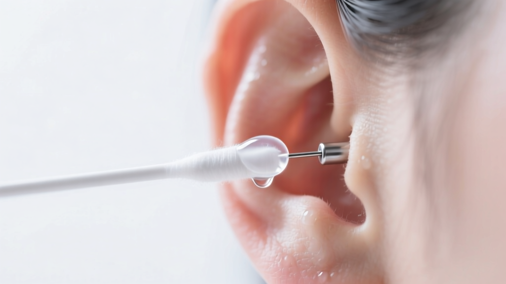 Cotton swab applying sterile saline to the back of an earlobe piercing, clean clinical background, bright and sharp macro focus.