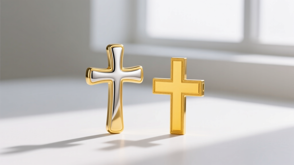 A 24k gold plated silver cross next to an 18k gold cross, highlighting the deep yellow warmth and pristine edge detailing.
