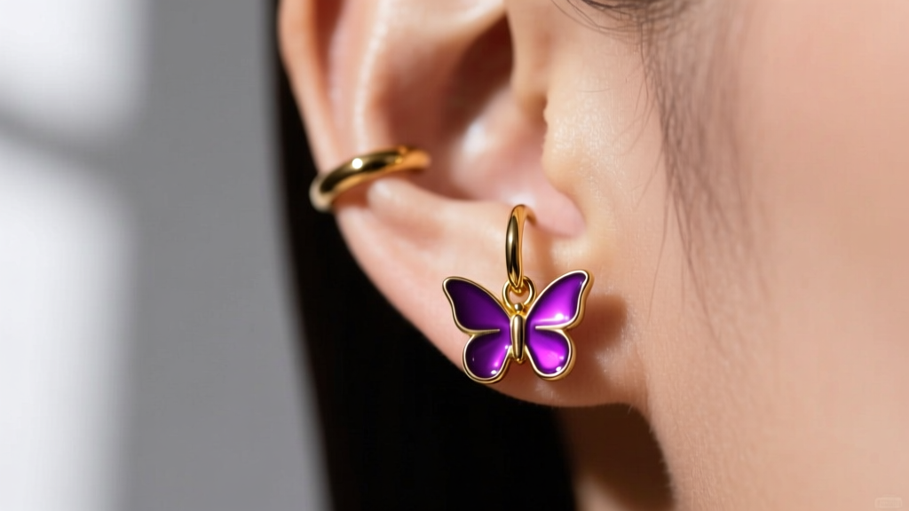 Close-up of a curated ear stack featuring an 18-gauge gold hoop with a purple enamel butterfly charm, lit by soft natural window light