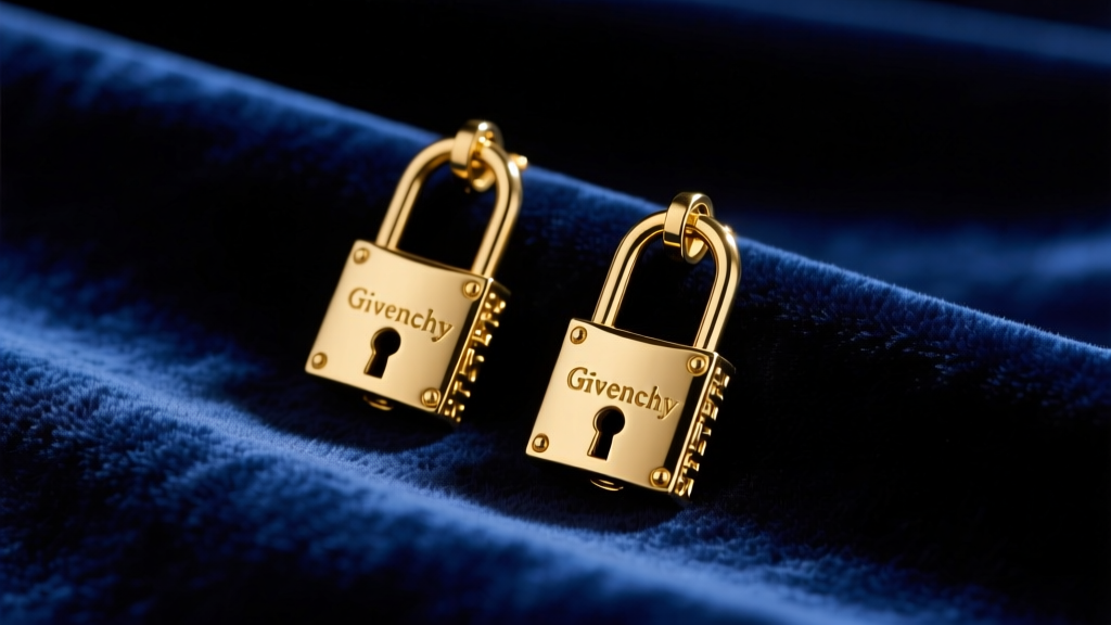Vintage 1980s gold-plated Givenchy Paris padlock drop earrings resting on dark velvet fabric under dramatic, moody studio lighting.