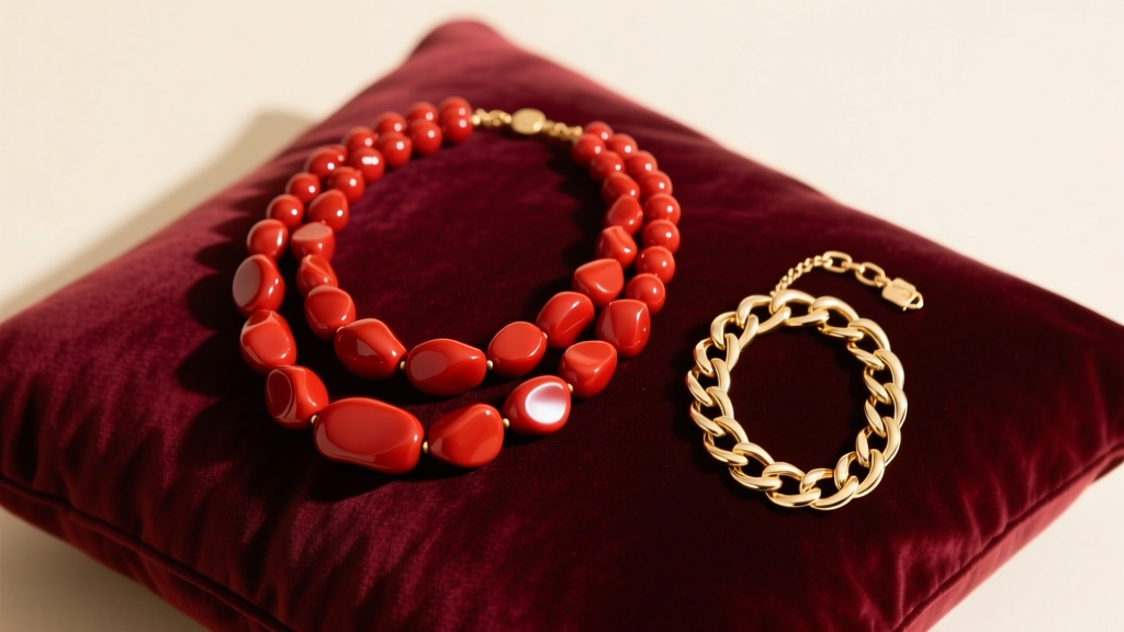 Flat lay of a velvet cushion, a heavy 5-strand red coral necklace, and a modern 18k gold chain prepared for elegant layering.