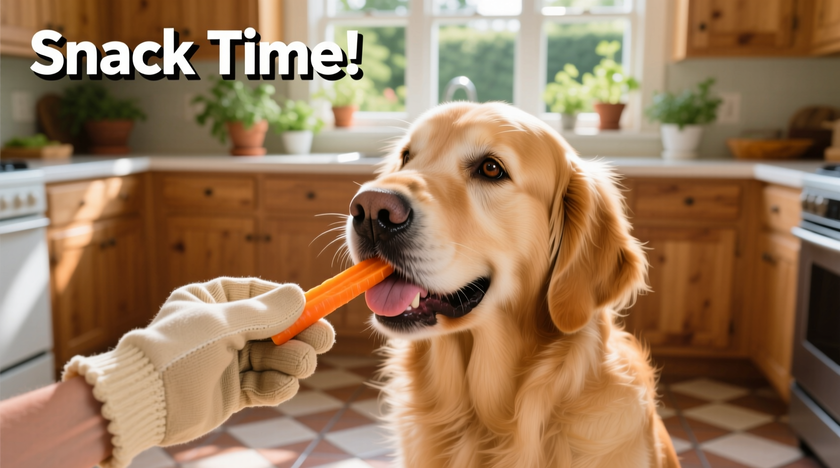 Golden Retriever eating carrot sticks from hand