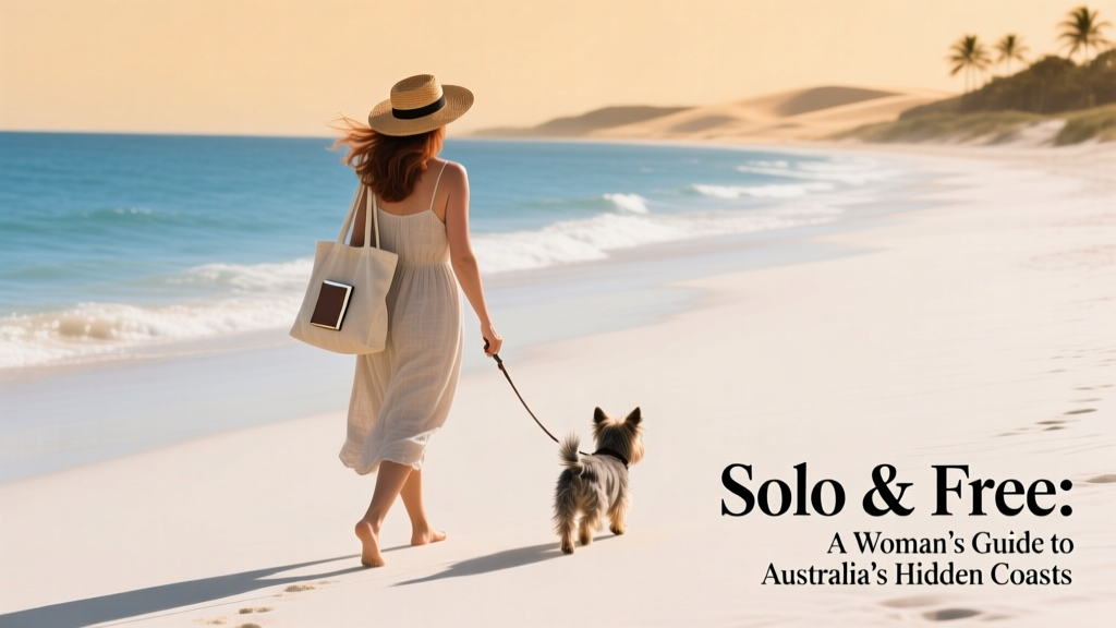 A solo female traveler walking along a white sand beach next to a blue sea in Australia