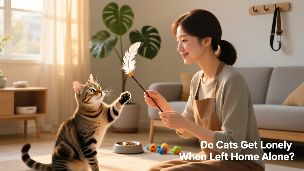 A pet sitter gently playing with a cat using a feather wand toy