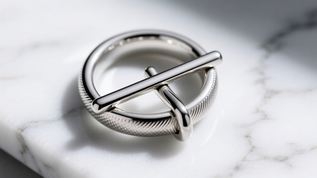 Overhead shot of a sterling silver toggle clasp being fastened, showing the T-bar sliding through a textured ring on marble.