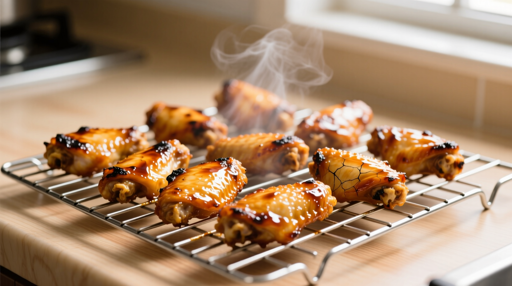 Crispy golden chicken wingettes on baking rack