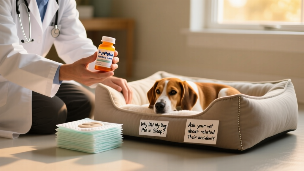 Close-up of a veterinarian holding a prescription bottle labeled 'FurPetVo Veterinary Care' next to a clean dog bed and pee pads